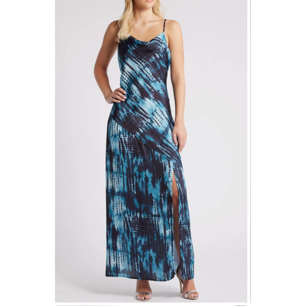 Chelsea 28 Tie Dye Maxi Slip Dress Blue Side Slit – Wedding Guest Cocktail M